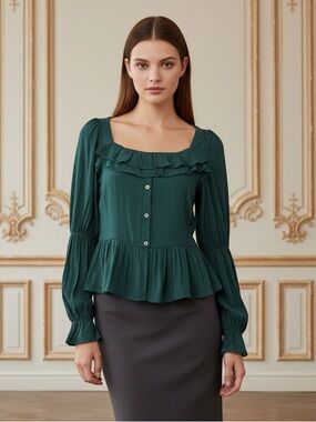 ANDREE BY UNIT Hunter Green Button-Up Blouse Square Neckline With Ruffle Detail